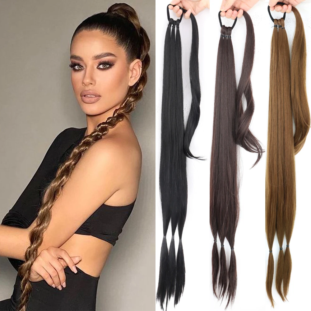 

AZQUEEN 34inch Long Straight Synthetic Braids Ponytail Hair Extensions Black Brown Braided Ponytail is Suitable for Female Wigs