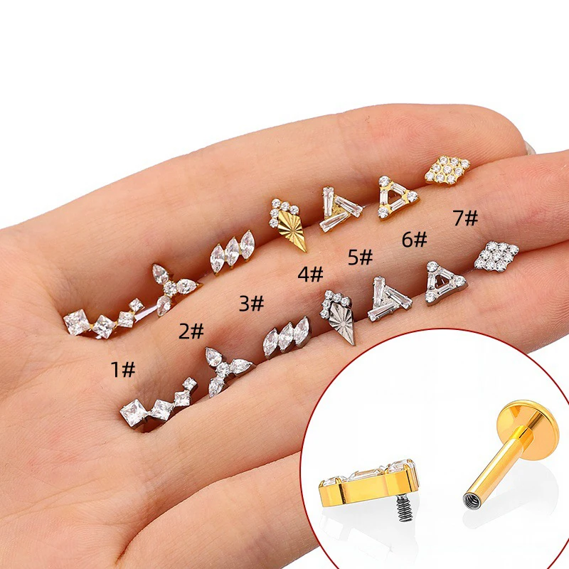1PC G23 Titanium Piercing Jewelry Labret Internal Thread Ear Studs 5A Zircon Horse's Eye Triangular Lip Stud Tragus Cartilage