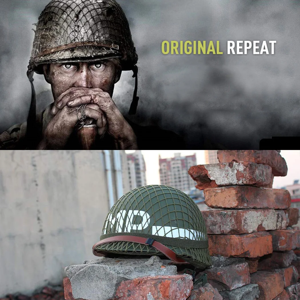 Perfect WW2 US Army M1 Green Replica Helmet with Net/Canvas Chinstrap DIY Painting, Suitable for Airsoft Paintball Cosplay