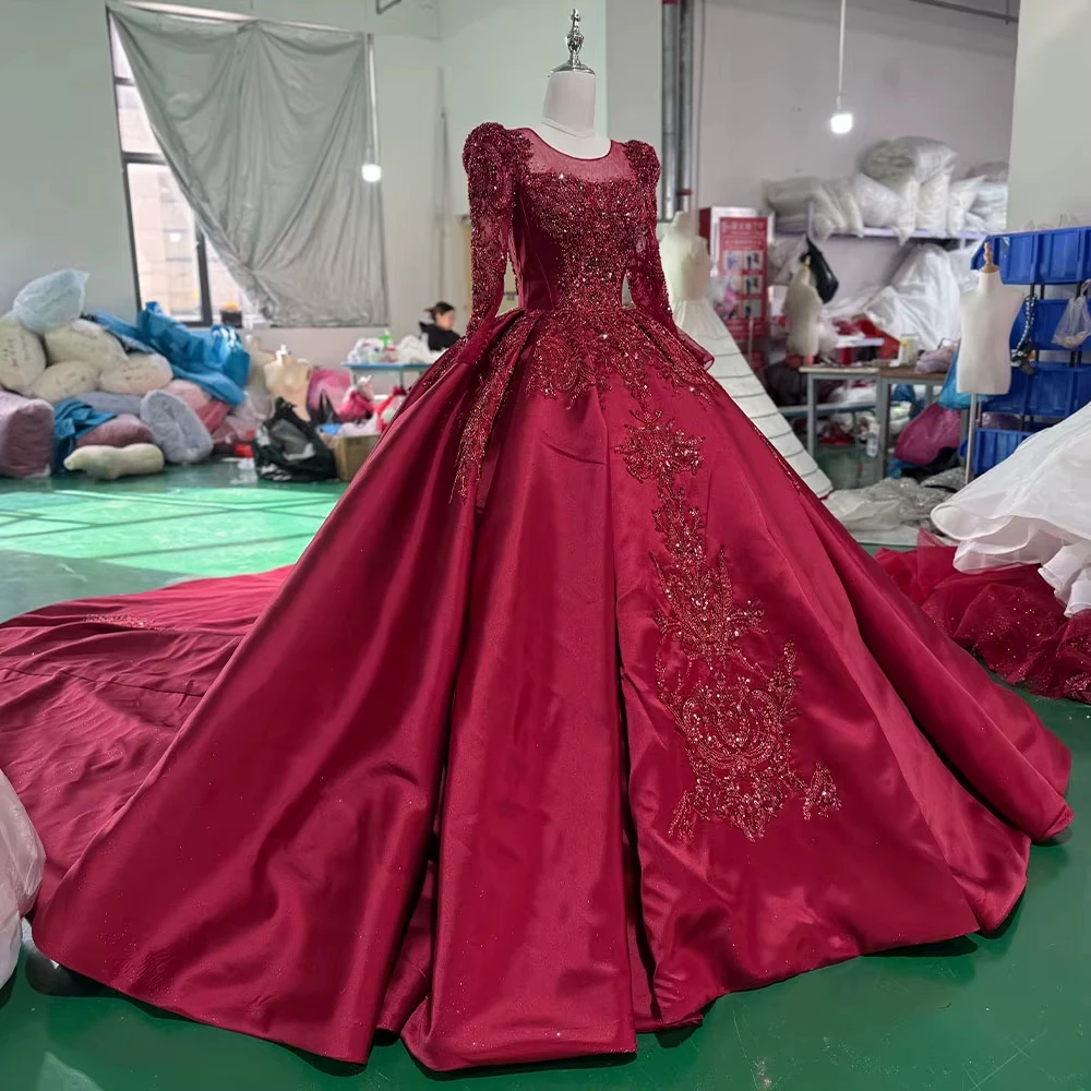 Vestido de noche para mujer, manga larga, cuello redondo, con cordones, ojo de cerradura en la espalda, bordado de cristal, vestidos largos rojos con cuentas para ocasiones especiales