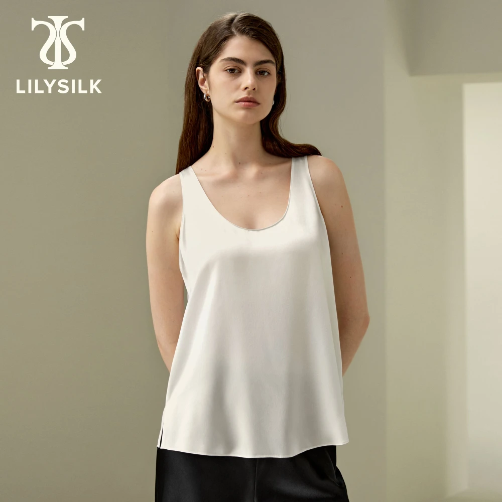 LILYSILK Regata feminina de seda relaxada com decote em U