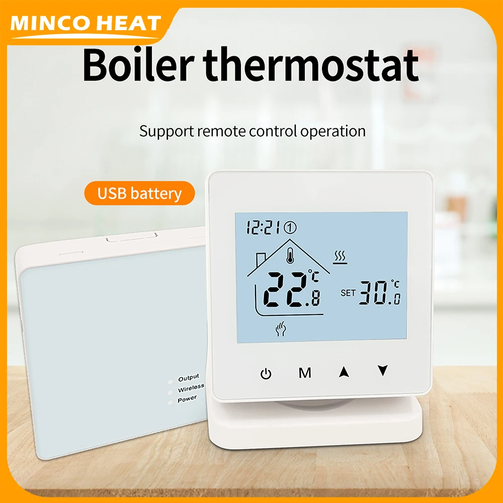 Minco Heat's programmable gas boiler wireless one-to-one temperature controller AA battery thermostat or connect to Type-C cable