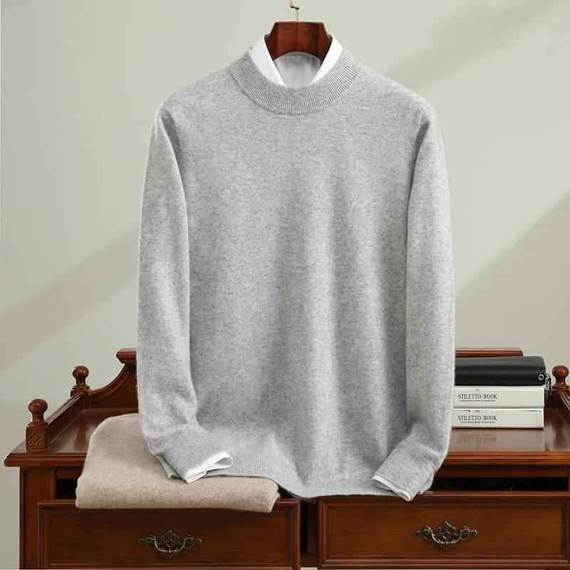 Men's Half-High Collar 100% Cashmere Sweater Autumn New Solid Color Knitted Pullovers Business Casual Loose Shirt Cashmere Top
