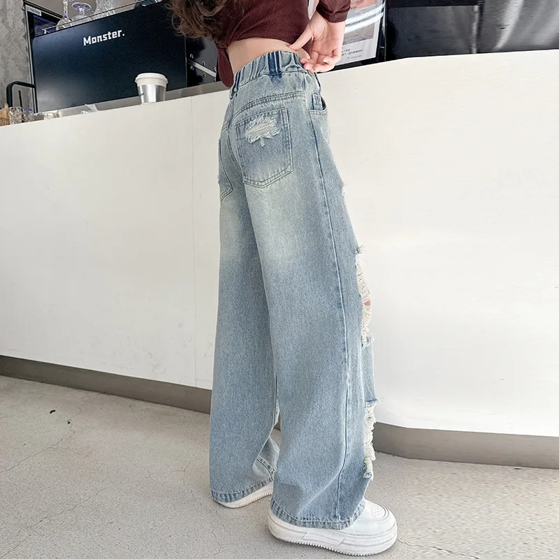 Cowgirl Ripped Jeans With Hole Kids Girls Casual Style Destroyed Denim Pants Spring Autumn Child High Street Clothes 5 to 14 Y
