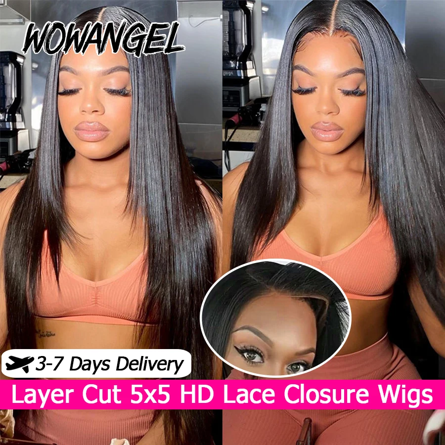

WOWANGEL Layered Cut Straight Wigs 5x5 HD Lace Closure Wigs Human Hair 250% Pre Plucked Glueless Wigs For Women Ready To Wear