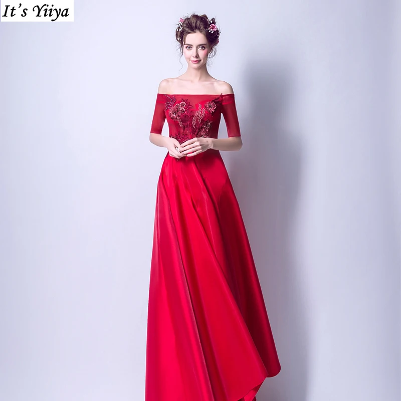 

It's YiiYa Customized Evening Dress Wine Red Beads Appliques Off shoulder Floor Length Plus Size Woman Party Formal Gown E224