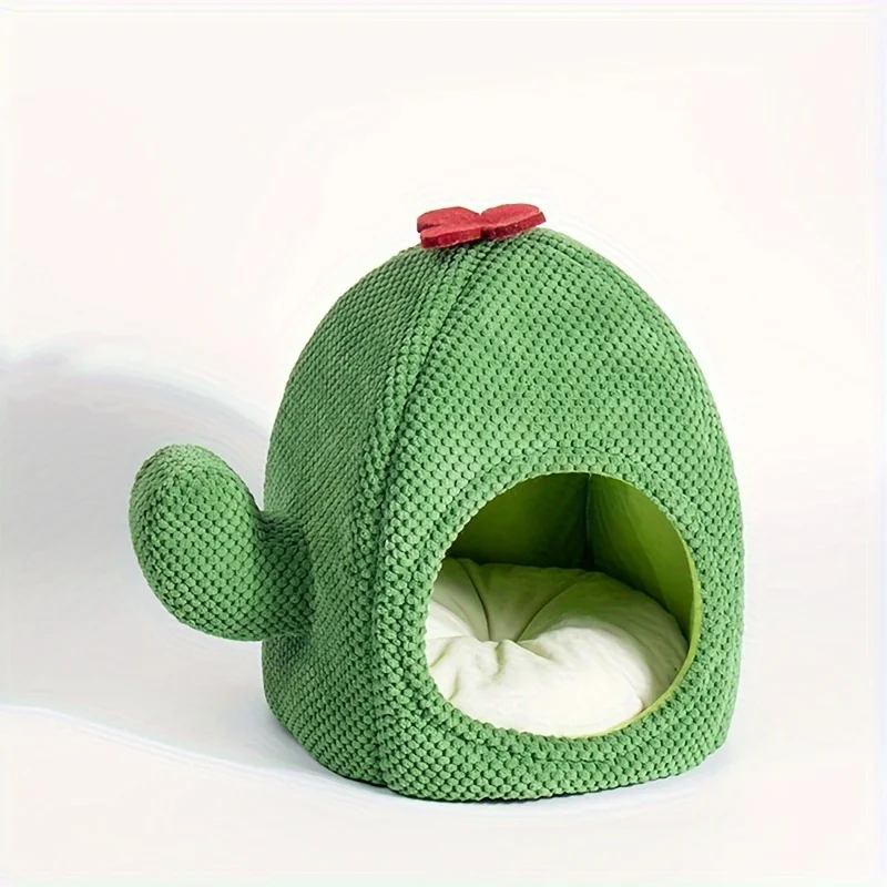 Cozy All-Season Cat Bed - Enclosed Cactus Design, Warm Polyester Fiber Pet House for Kittens and Small Dogs