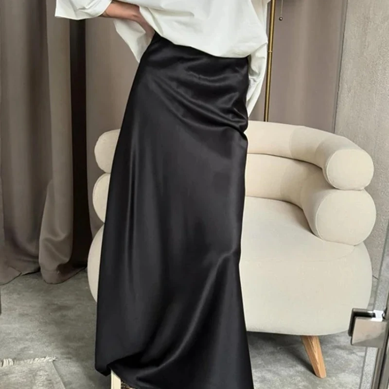 エレガントなシルクスリムソリッドシャンパンブラックカジュアルAラインスカート女性用レディースロングスカートハイウエストサテンサマースカートレディ
