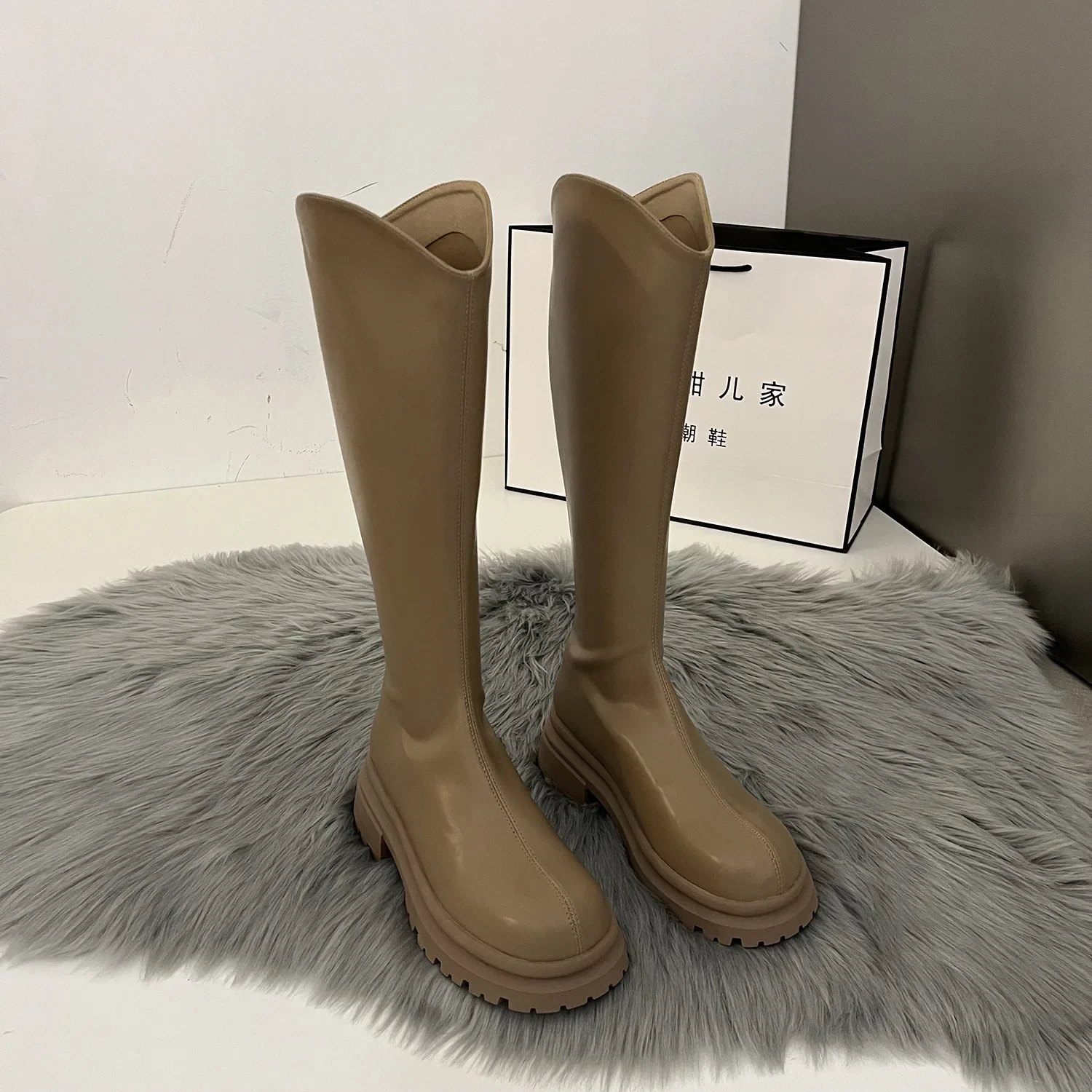 Retro Einfarbige Stiefel Damen Kniehohe Stiefel Mode Reißverschluss Hinten Ritterstiefel Quadratische Absätze Herbst Winter Damenschuhe – Detail 15