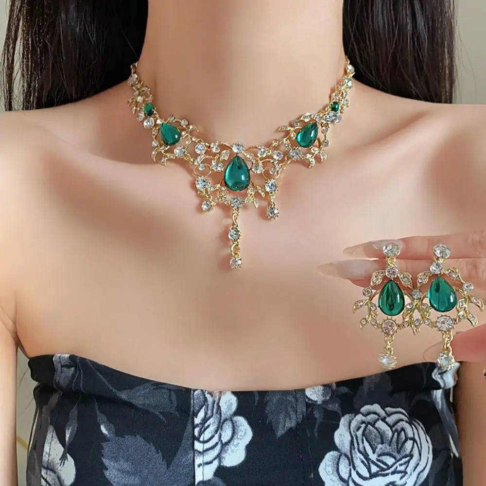 

Korean Style Green Crystal Jewelry Set Multifunction Headchain Rhinestone Tassel Earring Water Drop Shape Earrings