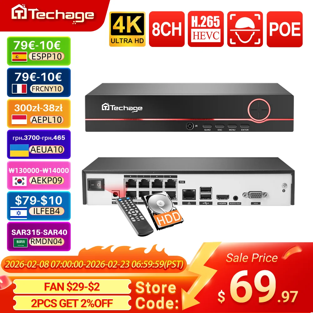 Techage H.265 8CH 4MP 5MP 8MP 1080P 4K POE NVR двустороннее аудио видеонаблюдение NVR до 16CH для IP-камеры POE CCTV Video