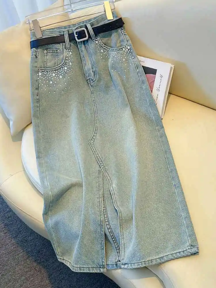 Chic Rhinestone Denim Skirts Women Spring Summer New High Waist A-line Slit Diamond Skirts Fashion Niche Mid Long Wrap Hip Skirt