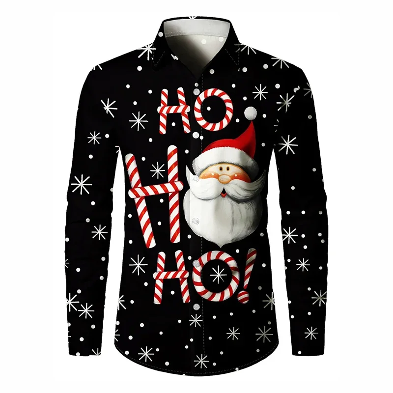 Men  Xmas Long Sleeve Button‑Up Shirt 3D Santa Reindeer Gingerbread Print Festival Holiday Streetwear Casual Dress Shirts