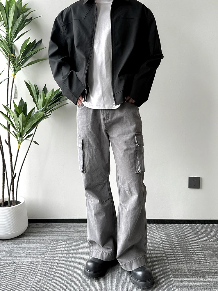 

ANYWEAR Retro ey Vintage Heavy Du Workwear Pants Loose Straight Leg Double Knee Pleat Utili Trousers Casual Cotton Jeans