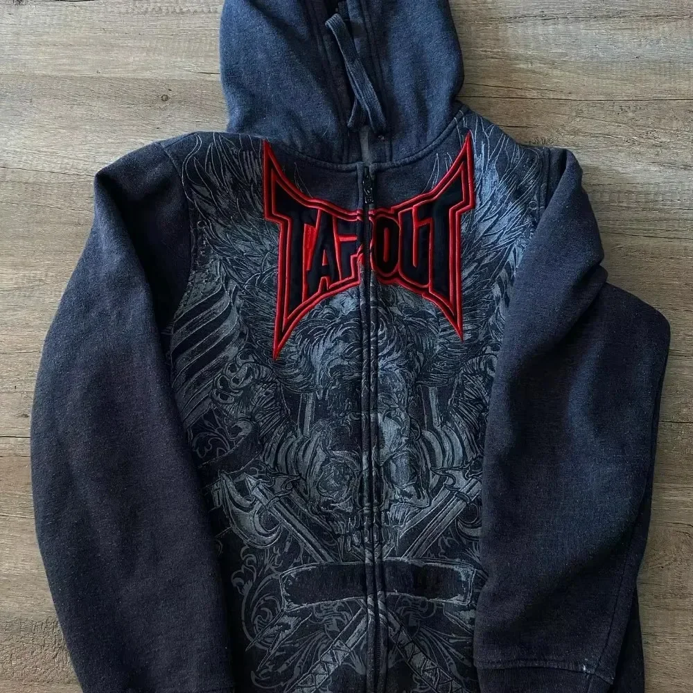 Y2K New American Tapout Zipper Hoodie Sweatshirt Men Hip Hop Letter Retro Graphic Embroidery Hoodie Jacket Clothes Streetwear