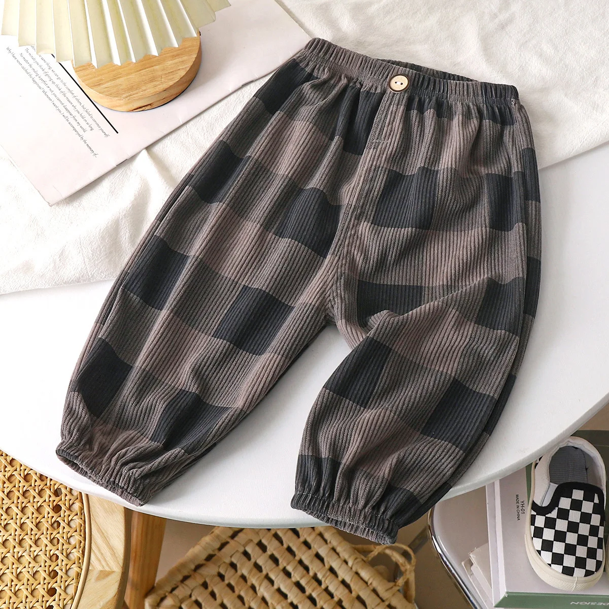 

Spring Autumn Children Sports Pants Kids Casual Plaid Loose Long Pants Boys Girls Korean Outwear Toddler Folded Trousers