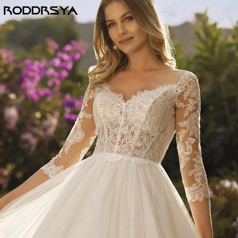 RODRSYA Romatic Pizzo Abiti Da Sposa Per La Donna 3/4 Maniche Illusion Back Abiti DaRODDRSYA abiti da sposa in pizzo romatico per donna 3/4 maniche Illusion Back abiti da sposa a-line Applique Tulle 2024 Robe De Mariée