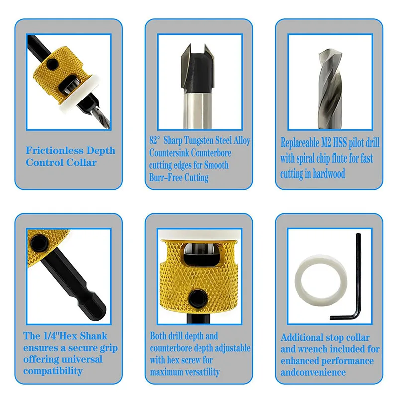 3Pcs Countersink Drill Bit Set, HSS M2 Tapered Bits #10#12#14, 3/8" Dia X (1/8'', 9/64'', 5/32'') Drill, Carbide Tipped 82°