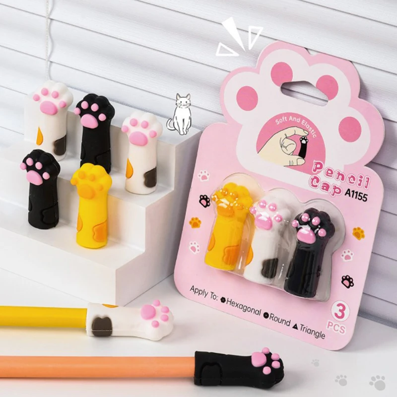 3Pcs Kawaii Cat Pencil Cap Cartoon Silicone Ballpoint Pen Caps Topper Pencil Cover For Kids Extender Stationery School Supplies