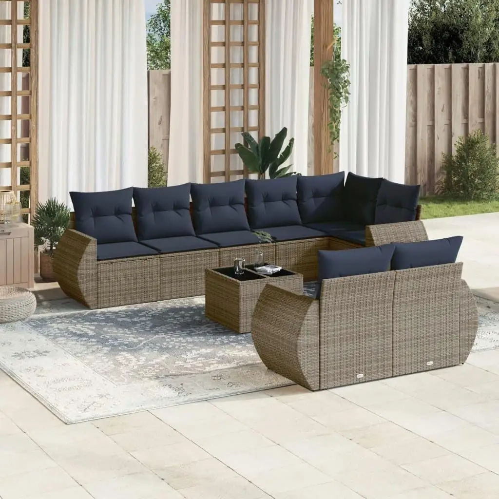 

9 Piece Outdoor Patio Sofa Set Gray Poly Rattan Cushions Garden Furniture Seating Arrangement