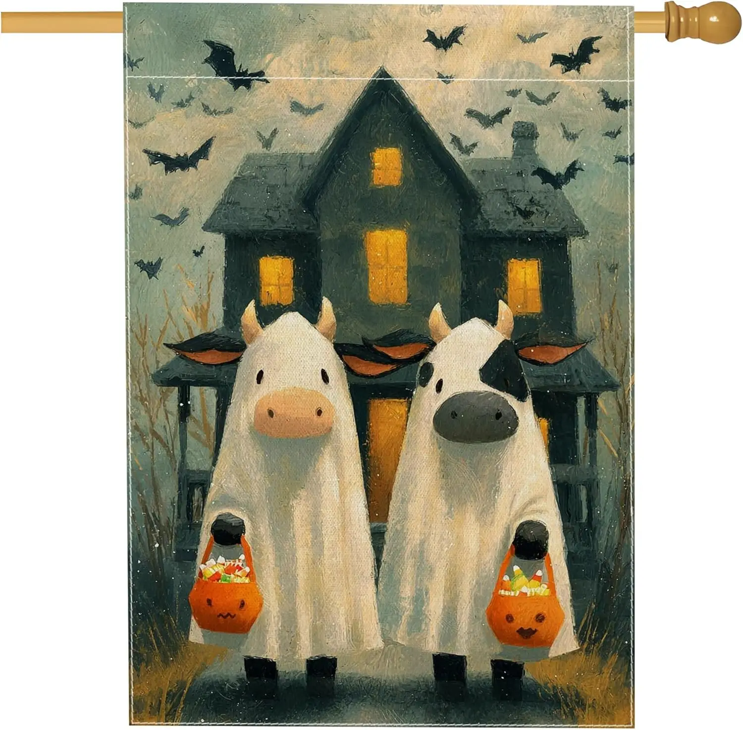Halloween Ghost Cow Garden Flag, Black White Costume Decor, Double Sided Burlap Lawn Banner, Spooky Outdoor Decoration for F yyi