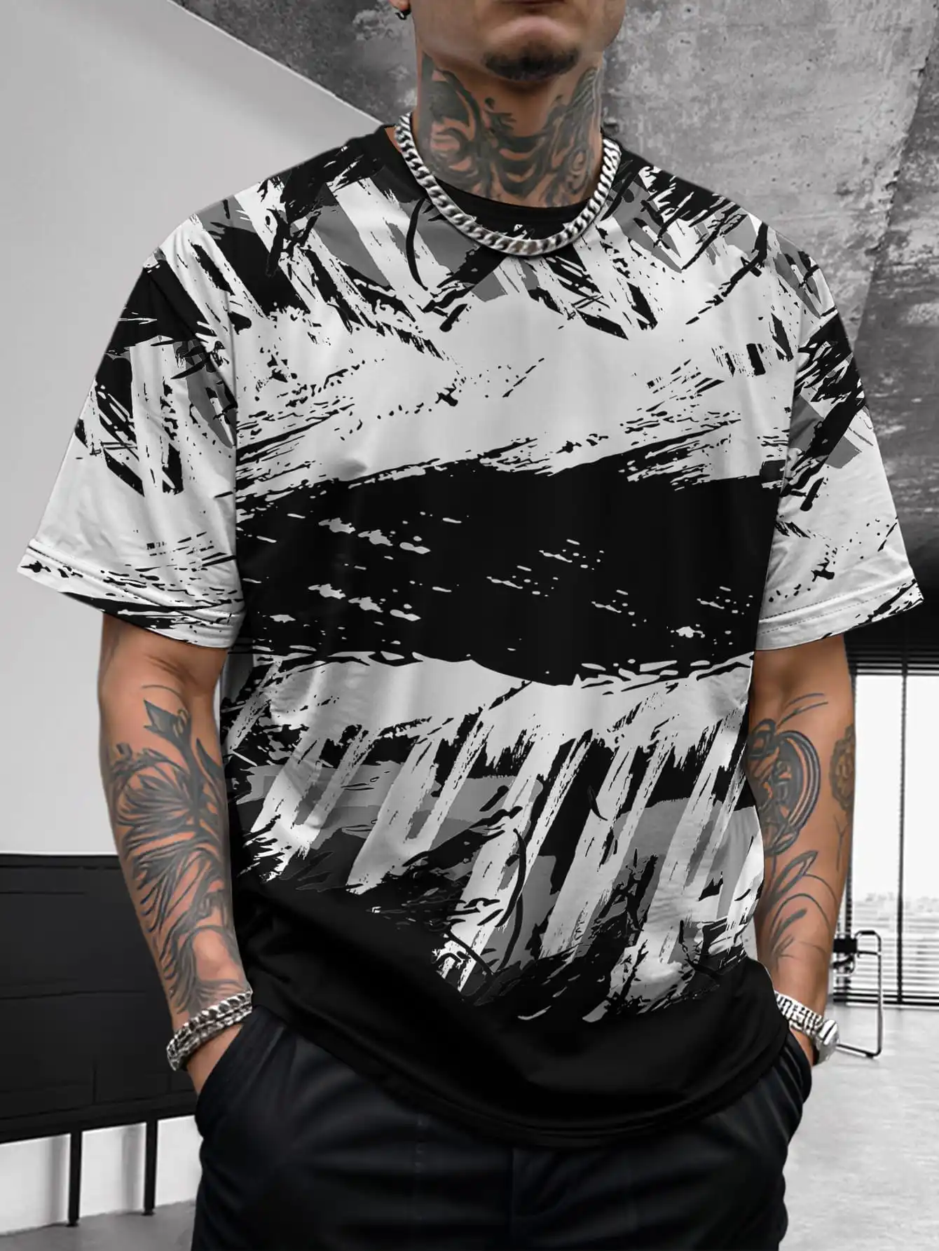 

Summer new men's contrasting color street style patchwork fashion retro slim fit short sleeved shirt