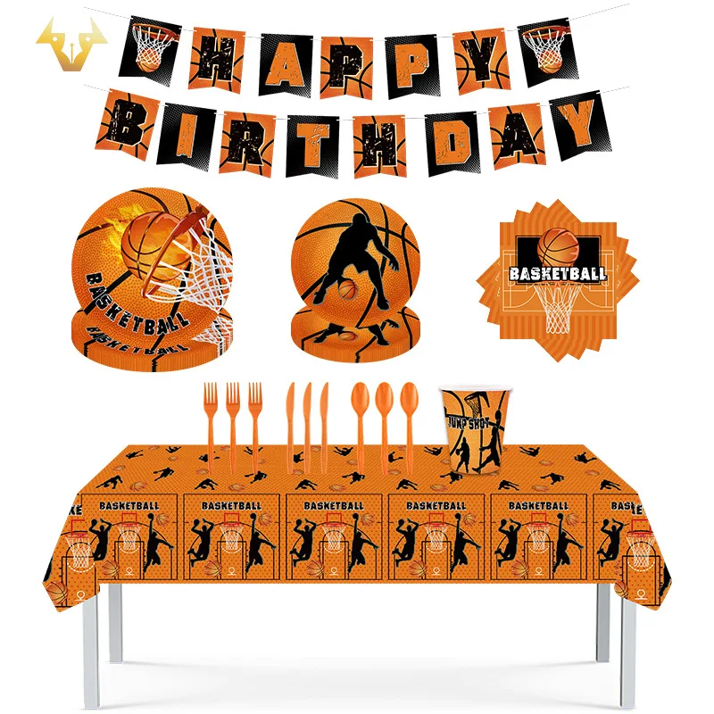 

Basketball theme disposable paper tray tissue fork birthday gathering party layout supplies