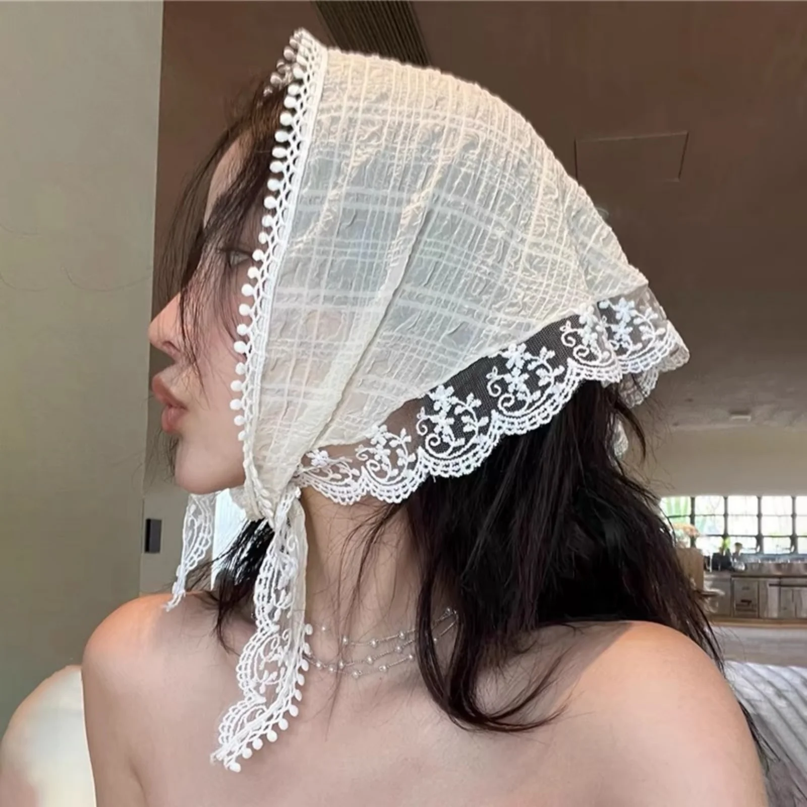 1PC Summer Pink Lace Headscarf, Vintage Floral Kerchief Bandana, Sweet Triangle Hair Scarf For Women Girls Vacation Beach Picnic image 2