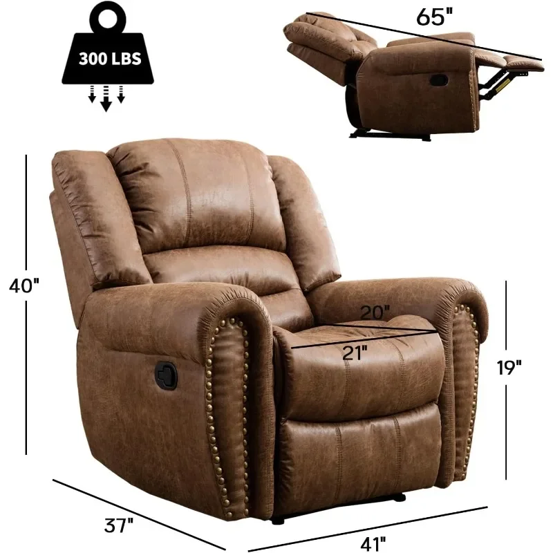 Leather Recliner Chair, Classic and Traditional Manual Chair with Comfortable Arms Back Single Sofa for Living Room, Nut Brown