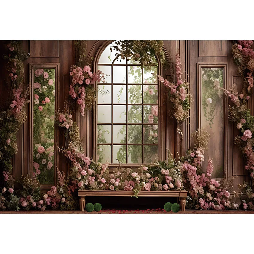 Mehofond Spring Backdrops Vintage Hidden Door Flowers Wall Windows Women Family Portrait Photography Background Photo Studio