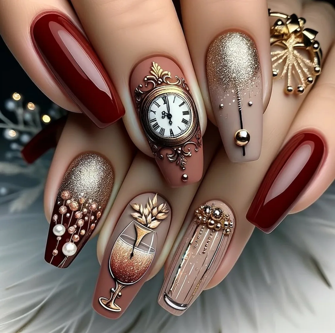 Ballerina Press on Nails Clock Design Fake Nails Medium Coffin with Glitter Wine Glass False Nails Wearable Finished Coffin Nail