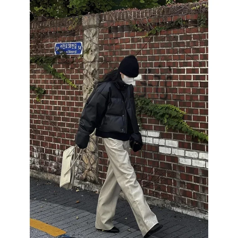 Autumn Winter Thickened Warm Leather Parkas Women Loose Stand Collar Coats Female Elegant Elastic Cuffs Padded Jackets