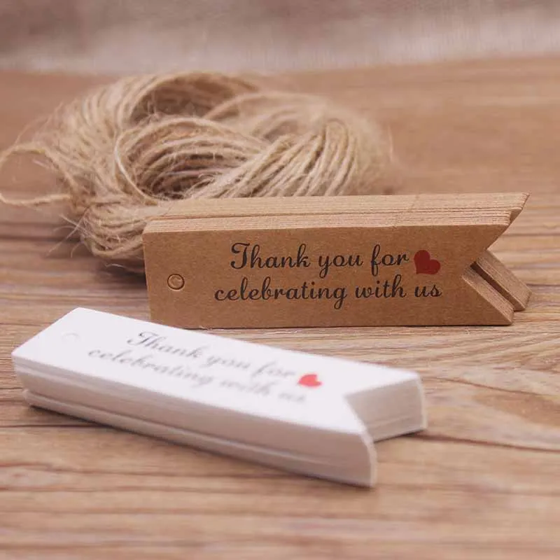 50 pezzi 2x7cm etichette regalo in carta kraft marrone/bianca con corda da 10 metri, etichette di carta di ringraziamento per matrimoni, docce per