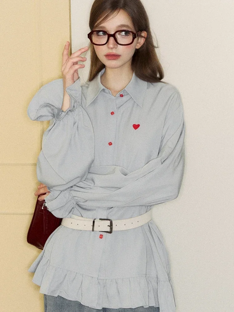 ADAgirl Kawaii Embroidery Heart Shirt for Girls Red Button Blue Blouse with Lace Stitching Spring Korean Style Cutecore Clothes