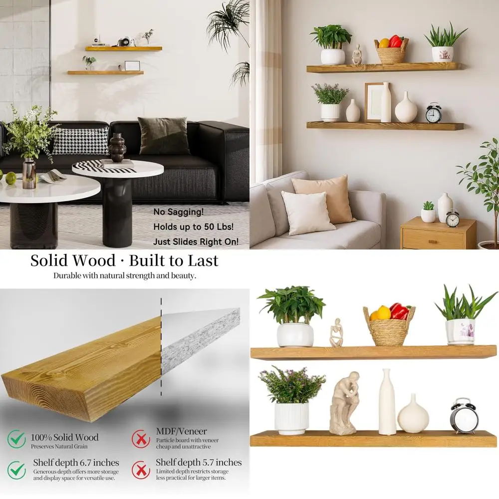 

Pair of 36 Rustic Gold Oak Floating Wall Shelves for Home - Perfect for Bathroom, Living Room, Bedroom, Kitchen