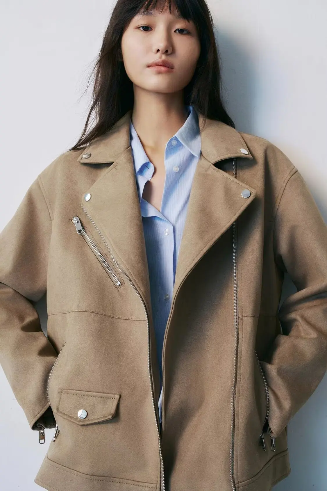 BB6847 2025 Autumn New Women's Fashion European and American Style Loose Edition Suede Effect Collar Motorcycle Coat 3046284