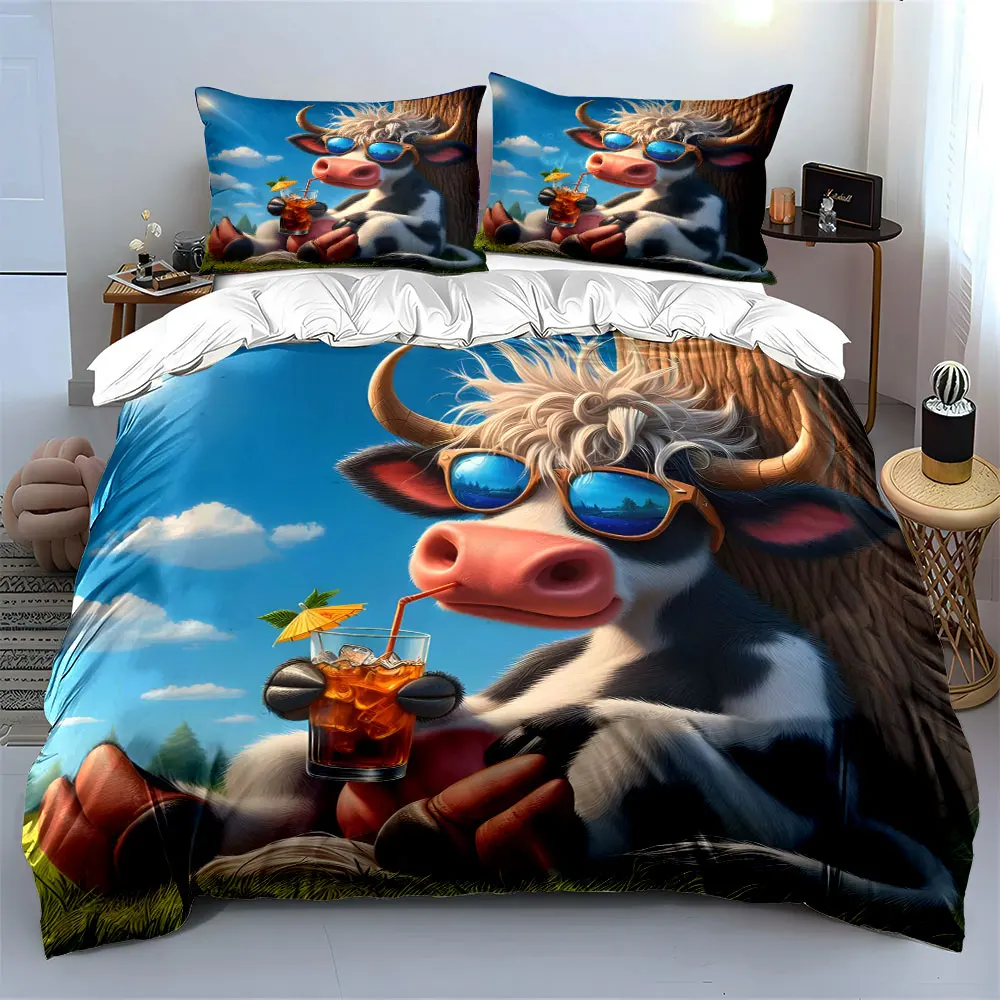 Sunglassed cow enjoying iced drink Print Bedding Set 1 Duvet Cover 2 Pillowcases for Adult and Children Luxury Gift Full Size 3
