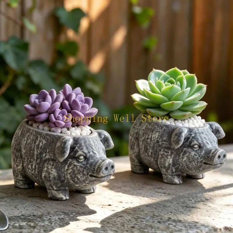 KX4B Adorable Pig Flower Pot Crafted From Durable Stone Like Enameled Rubber for Indoor Plant