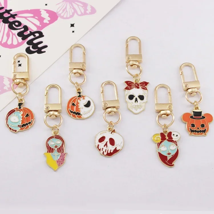 Disney Classic Cartoon Figure Jack Skellington Keychain Halloween Pumpkin Ghost Face Enamel Pendant Keyring Backpack Accessories