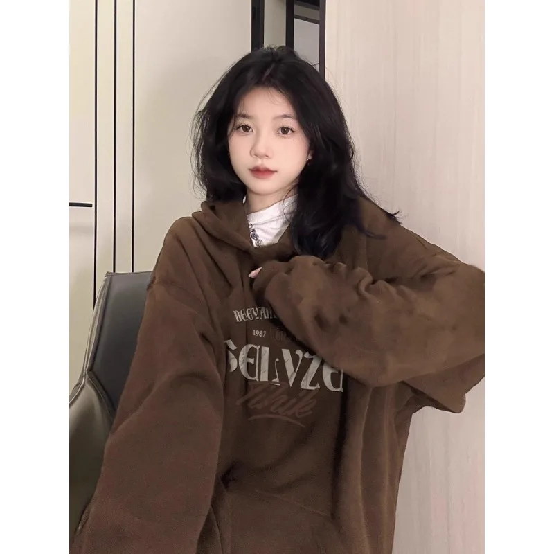 Korean Brown Kawaii Clothes Sweatshirt Y2k O Neck Oversize Hoodie Japanese Gothic Harajuku Ulzzang Letter Sweatshirt Hoodie