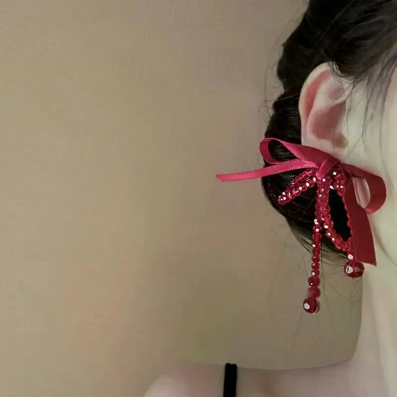 Statement Lucky Red Earrings Personality Big Ribbon Knot Tassel Long Drop Jewelry For Women Korean Style