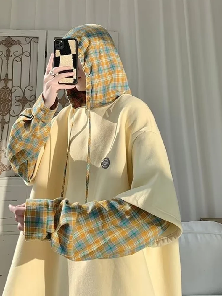 Women's Spring Autumn Thin Oversized Hoodie American Contrast Color Fake Two-Piece Plaid Loose Jacket Top