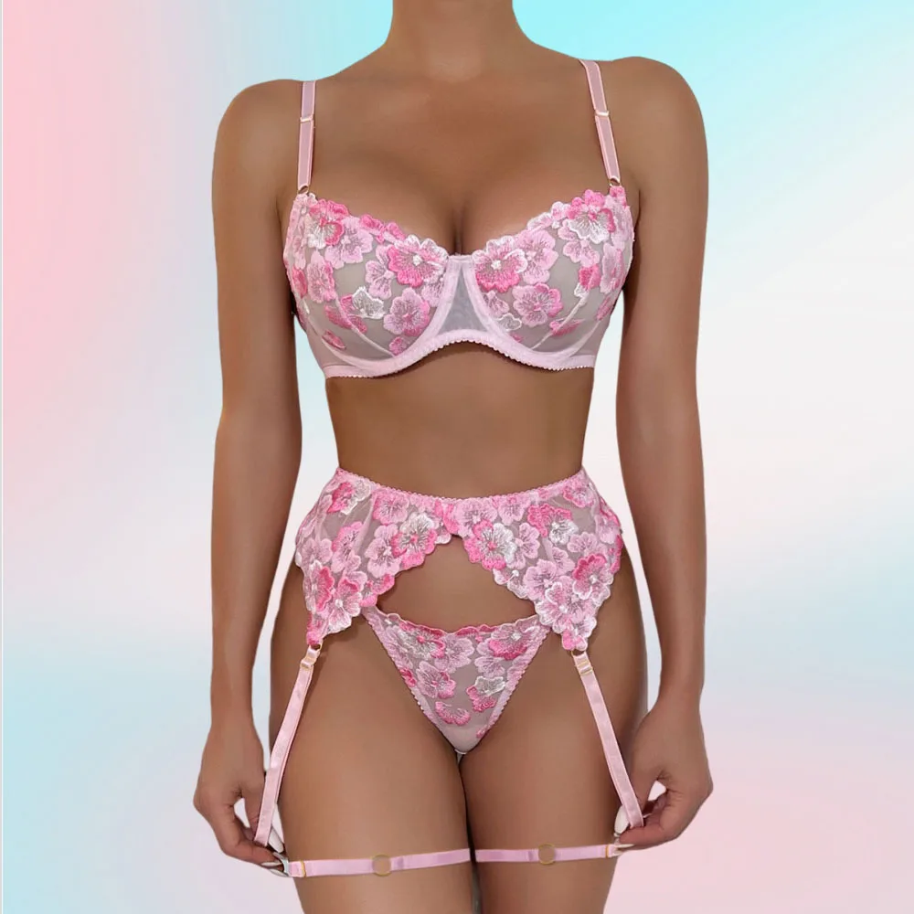 

Lingerie Embroidery Romantic Mesh Sheer Floral Splicing Transparent Gathering Bra Panties Erotic Undewear 3-pieces Sets Suits