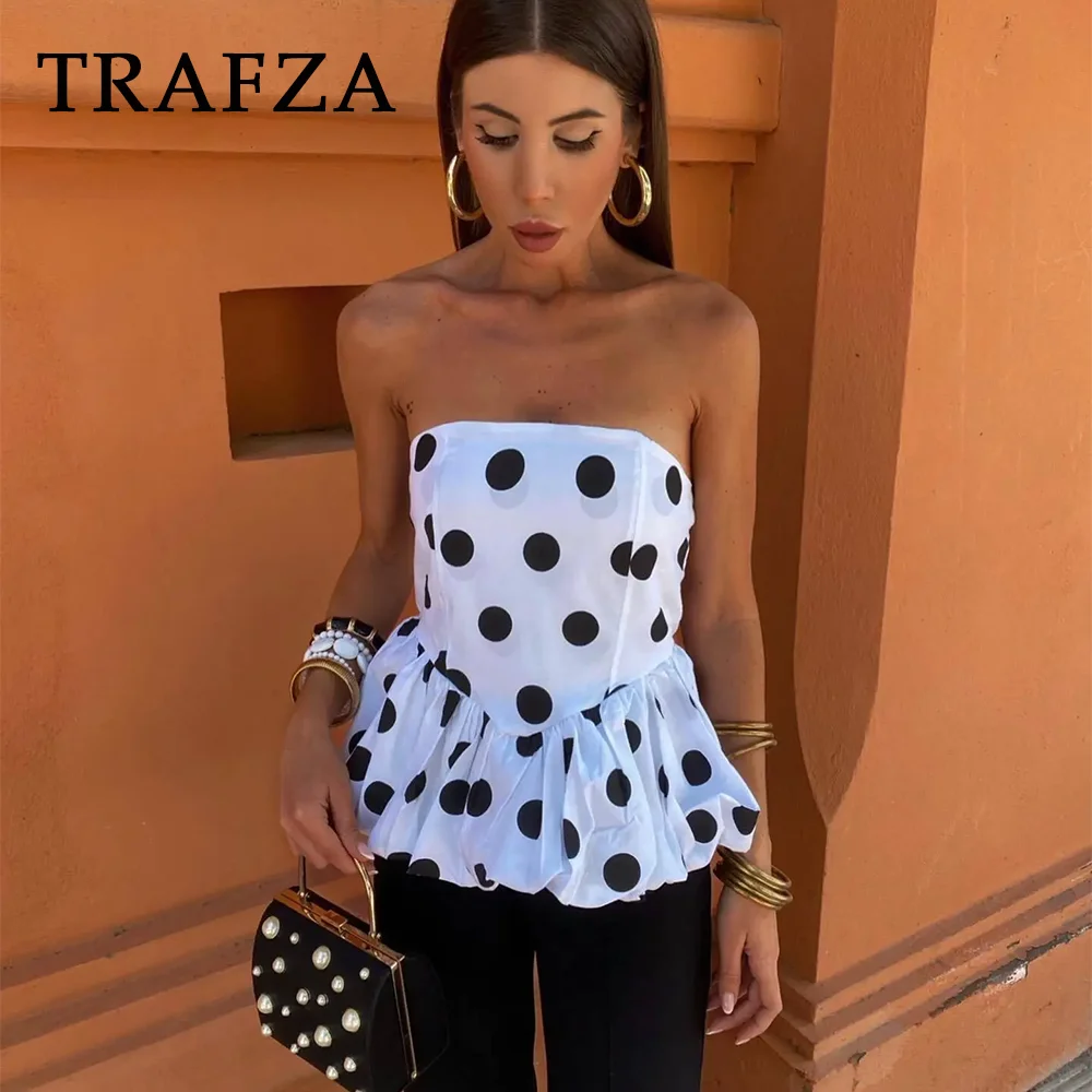 TRAFZA 2024 Women Spring Summer Sexy Tops Wave Point Folds Slim Tube Top Shirring Sleeveless Fashion Women Evening Club Clothes