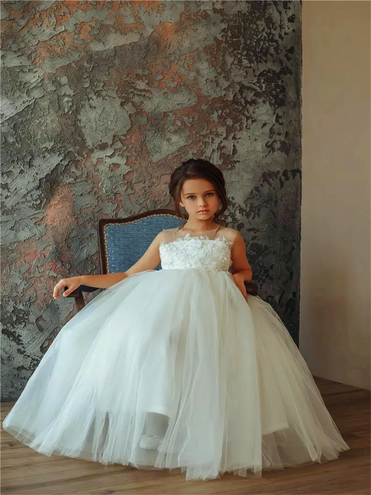 Elegant Sleeveless Harness Tulle Lace First Communion Dresses Kids Birthday Gift Flower Girl Dress Princess Ball Evening Dresses