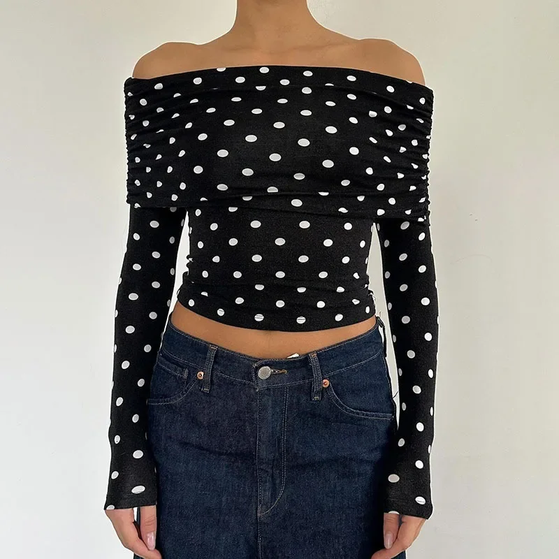 2024 autumn winter retro polka dot print contrasting one shoulder strapless T-shirt new slim fit and slimming base top - Image 2
