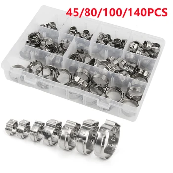 45/80/100/140pcs Single ear stepless hose clamps 7-23.5mm 304 stainless steel hose clamps Cinch clamp rings for kinds of sealing