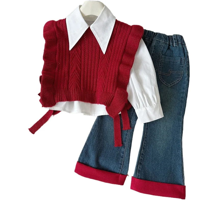 Girls\' Suit Autumn New Korean Girls\' Sweater Vest + Shirt + Jeans Three-piece Set  Girl Clothes  Girl Outfit Set 2-7yrs