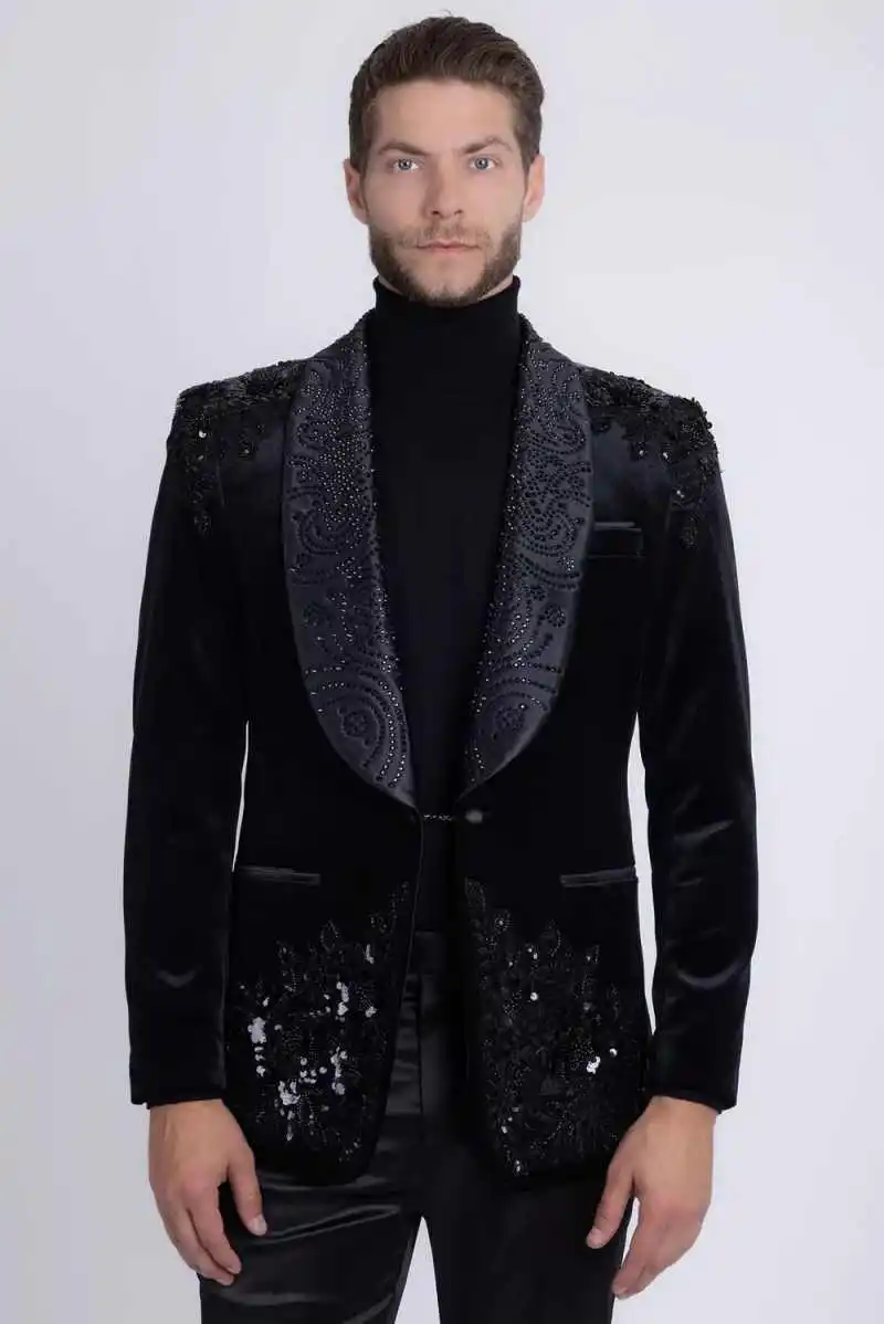 Gentleman Wedding Tuxedos Beaded Shawl Lapel 2 Piece Set Men Suit Fashion Jacket Pants Groom Evening Prom Blazers Customized