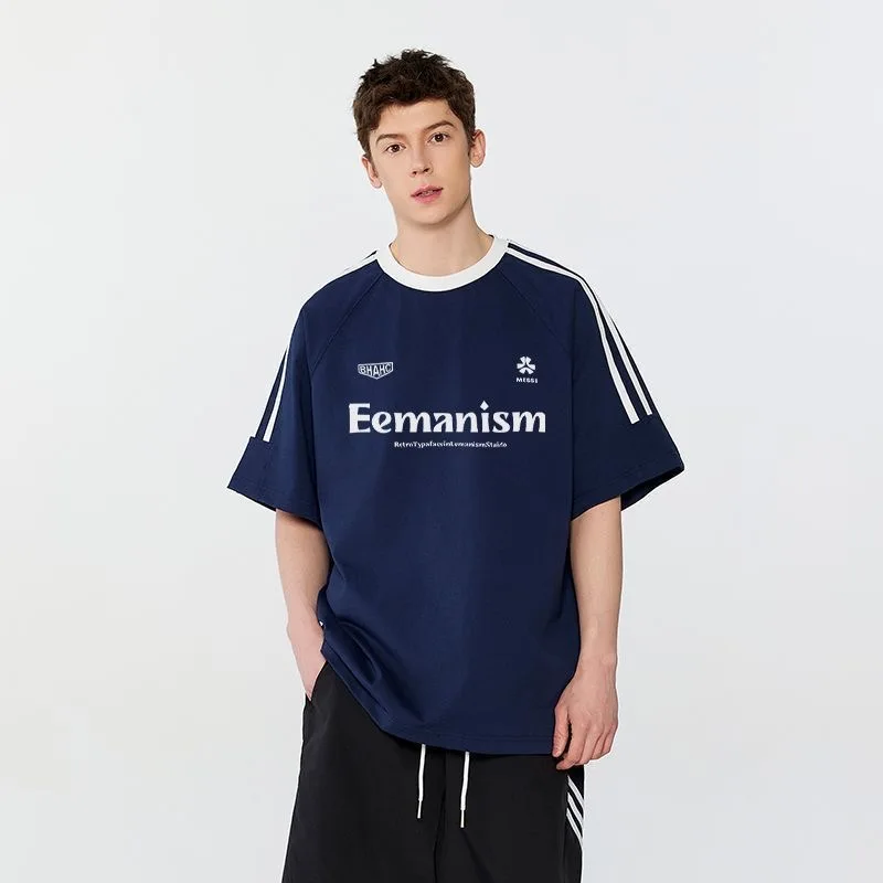 

2025 Summer American Korean Version Retro Letter Print Men's Short Sleeve Double Stripe Sports Couple Trend Children's T-shirt